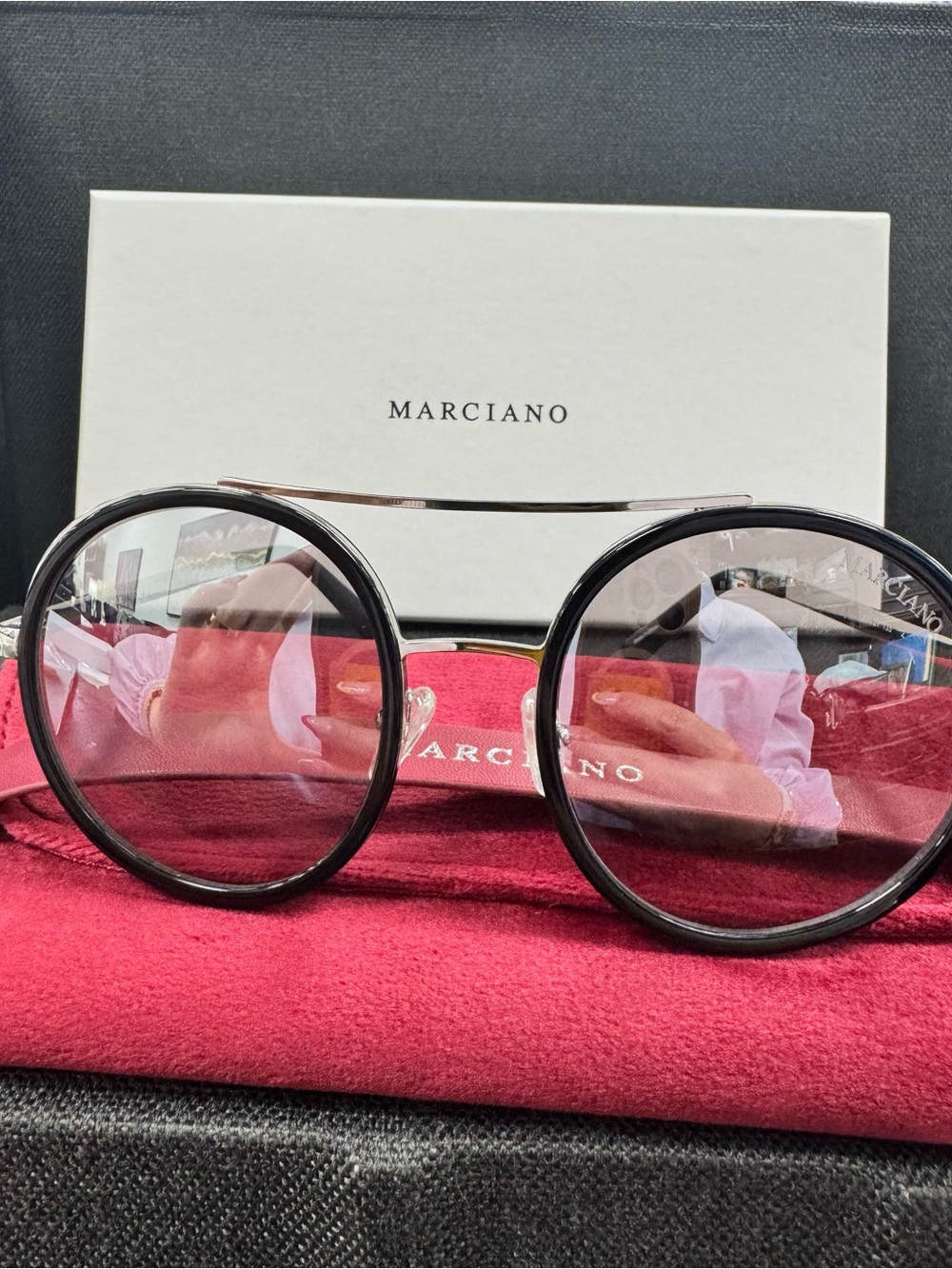 Marciano Black and Silver Round Sunglasses with Embellished Temples
